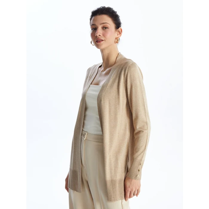 LCWAIKIKI Basic Bej Şal Yaka Düz Uzun Kollu Kadın Triko Hırka
