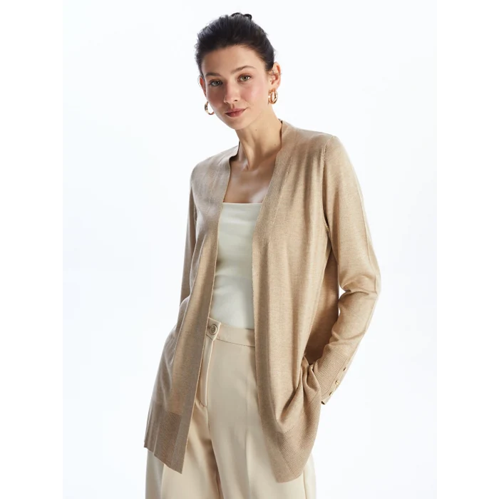 LCWAIKIKI Basic Bej Şal Yaka Düz Uzun Kollu Kadın Triko Hırka