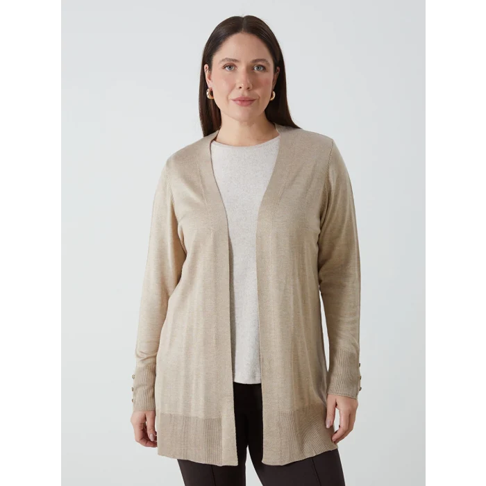 LCWAIKIKI Basic Bej Şal Yaka Düz Uzun Kollu Kadın Triko Hırka