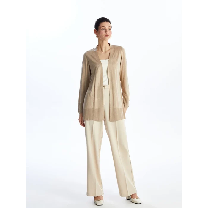 LCWAIKIKI Basic Bej Şal Yaka Düz Uzun Kollu Kadın Triko Hırka