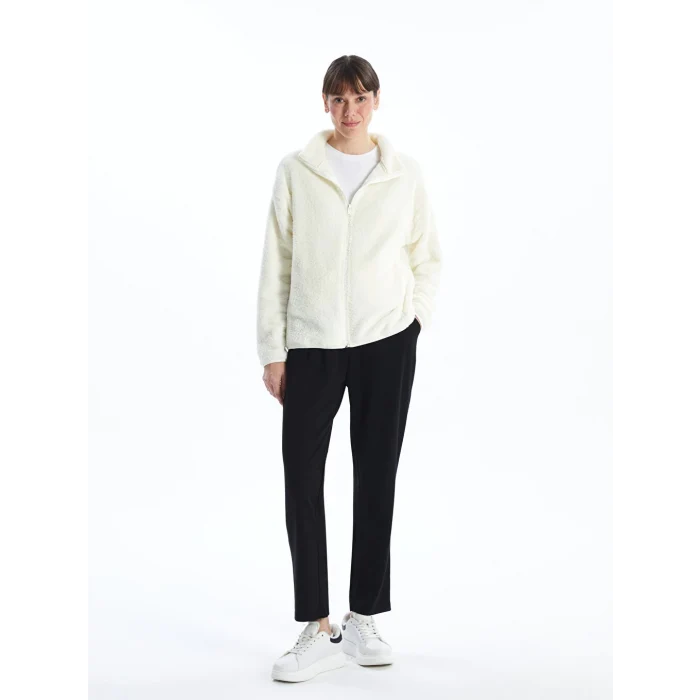 LCWAIKIKI Basic Ekru Dik Yaka Pelüş Kadın Fermuarlı Sweatshirt
