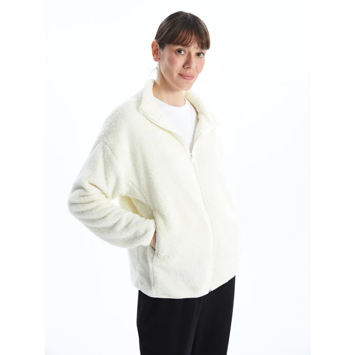 LCWAIKIKI Basic Ekru Dik Yaka Pelüş Kadın Fermuarlı Sweatshirt
