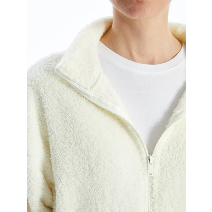 LCWAIKIKI Basic Ekru Dik Yaka Pelüş Kadın Fermuarlı Sweatshirt