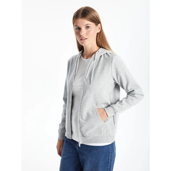 LCWAIKIKI Basic Gri Kapüşonlu Düz Uzun Kollu Kadın Fermuarlı Sweatshirt