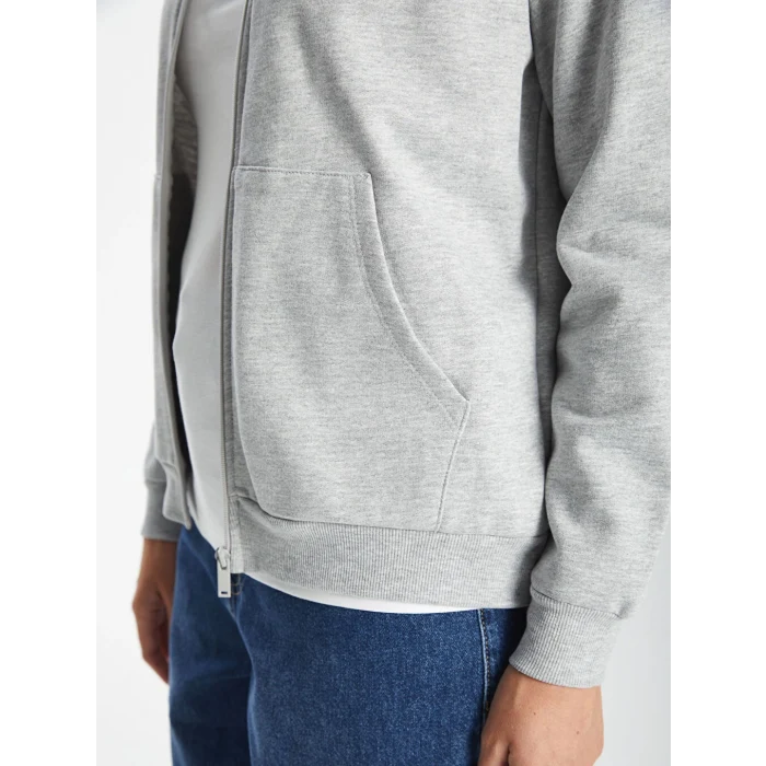 LCWAIKIKI Basic Gri Kapüşonlu Düz Uzun Kollu Kadın Fermuarlı Sweatshirt