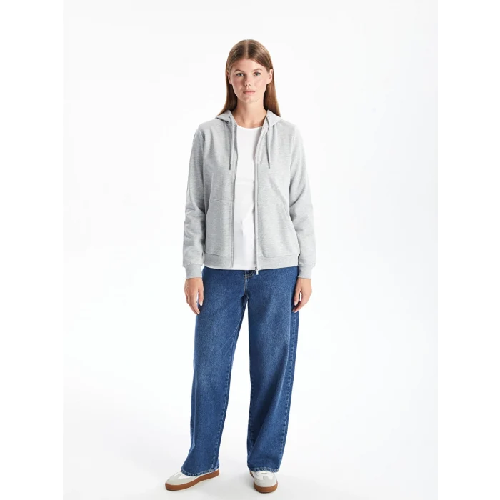 LCWAIKIKI Basic Gri Kapüşonlu Düz Uzun Kollu Kadın Fermuarlı Sweatshirt