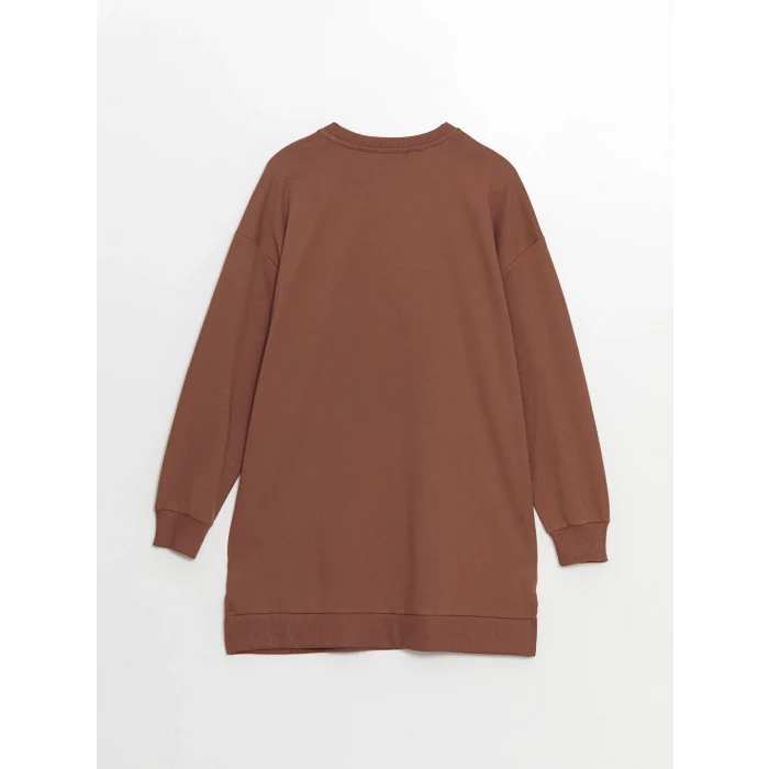 LCWAIKIKI Basic Kahverengi Bisiklet Yaka Baskılı Oversize Kadın Sweatshirt Tunik