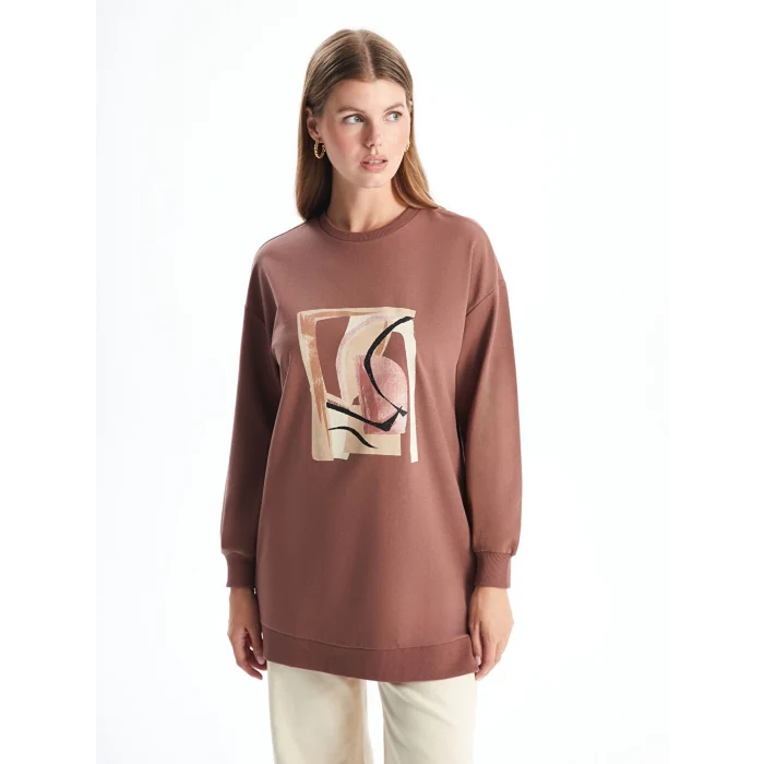 LCWAIKIKI Basic Kahverengi Bisiklet Yaka Baskılı Oversize Kadın Sweatshirt Tunik