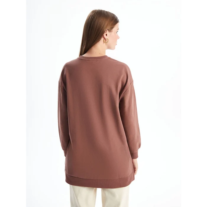 LCWAIKIKI Basic Kahverengi Bisiklet Yaka Baskılı Oversize Kadın Sweatshirt Tunik