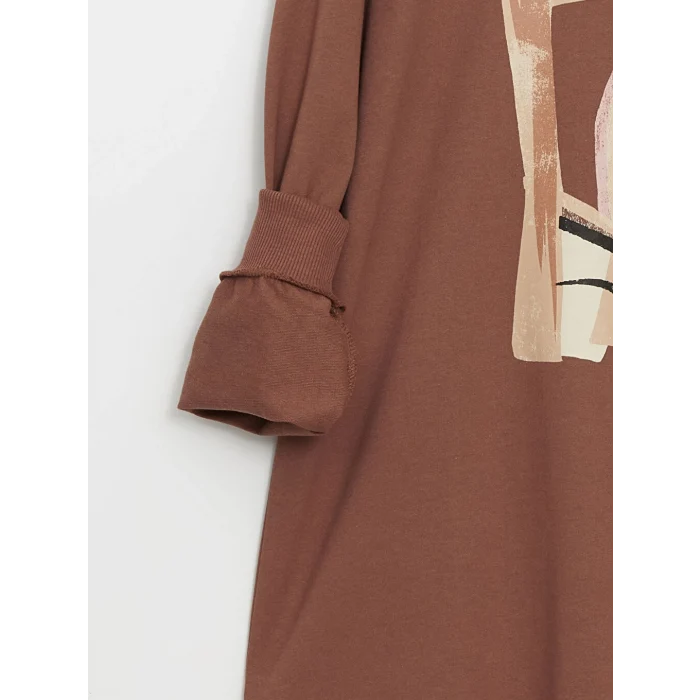 LCWAIKIKI Basic Kahverengi Bisiklet Yaka Baskılı Oversize Kadın Sweatshirt Tunik