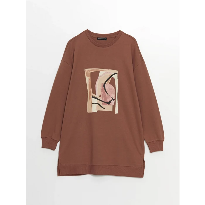 LCWAIKIKI Basic Kahverengi Bisiklet Yaka Baskılı Oversize Kadın Sweatshirt Tunik