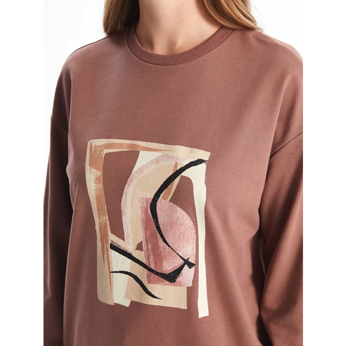 LCWAIKIKI Basic Kahverengi Bisiklet Yaka Baskılı Oversize Kadın Sweatshirt Tunik
