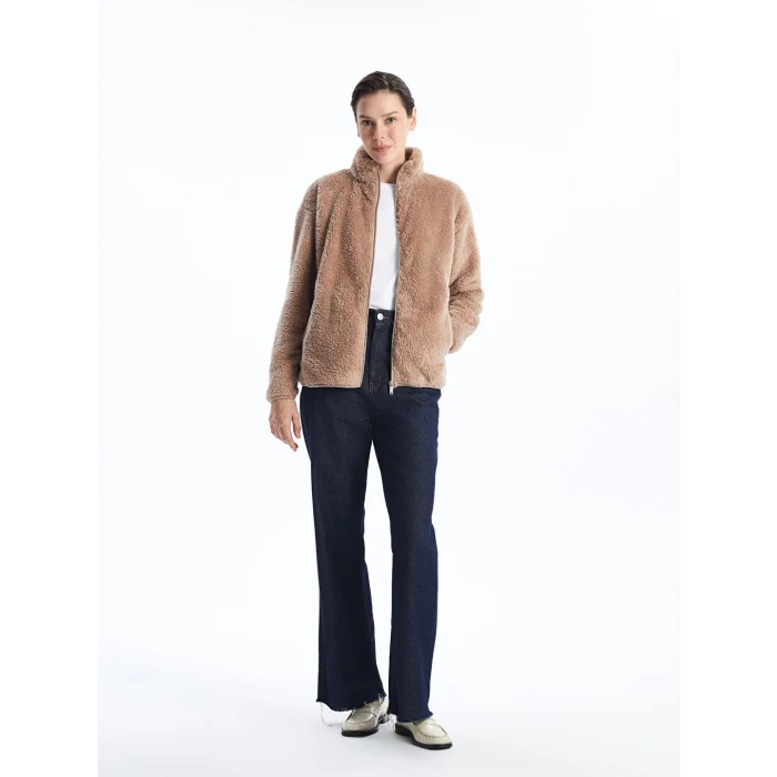 LCWAIKIKI Basic Kahverengi Dik Yaka Pelüş Kadın Fermuarlı Sweatshirt