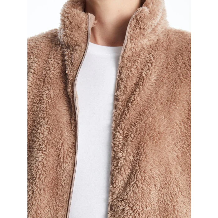 LCWAIKIKI Basic Kahverengi Dik Yaka Pelüş Kadın Fermuarlı Sweatshirt