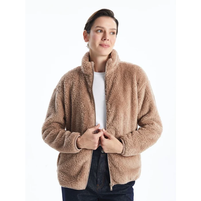 LCWAIKIKI Basic Kahverengi Dik Yaka Pelüş Kadın Fermuarlı Sweatshirt