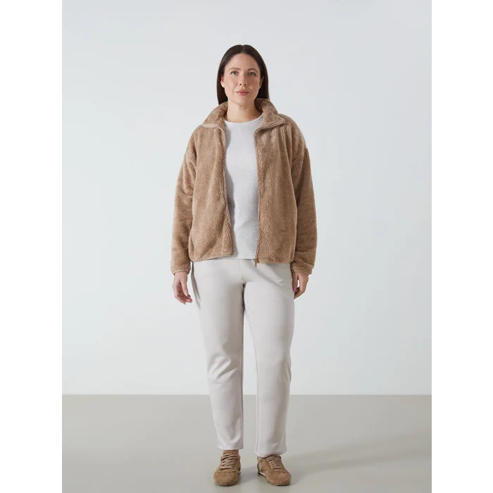 LCWAIKIKI Basic Kahverengi Dik Yaka Pelüş Kadın Fermuarlı Sweatshirt