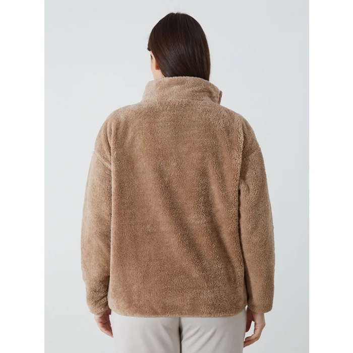 LCWAIKIKI Basic Kahverengi Dik Yaka Pelüş Kadın Fermuarlı Sweatshirt