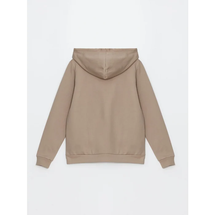 LCWAIKIKI Basic Kahverengi Kapüşonlu Düz Uzun Kollu Kadın Fermuarlı Sweatshirt