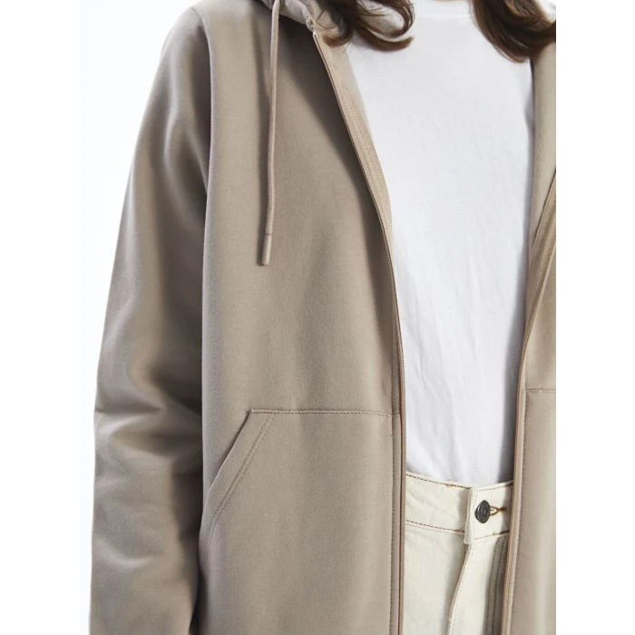 LCWAIKIKI Basic Kahverengi Kapüşonlu Düz Uzun Kollu Kadın Fermuarlı Sweatshirt