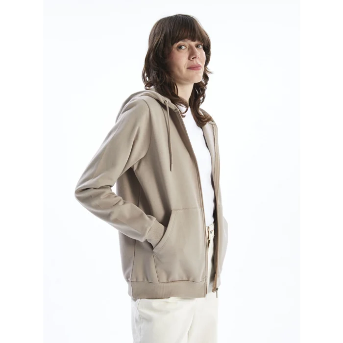 LCWAIKIKI Basic Kahverengi Kapüşonlu Düz Uzun Kollu Kadın Fermuarlı Sweatshirt