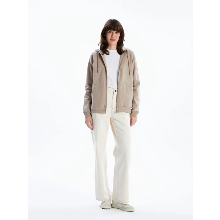 LCWAIKIKI Basic Kahverengi Kapüşonlu Düz Uzun Kollu Kadın Fermuarlı Sweatshirt
