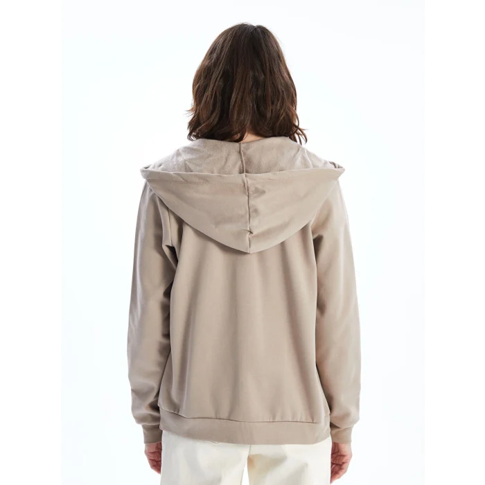 LCWAIKIKI Basic Kahverengi Kapüşonlu Düz Uzun Kollu Kadın Fermuarlı Sweatshirt