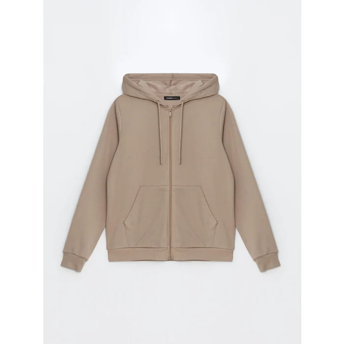 LCWAIKIKI Basic Kahverengi Kapüşonlu Düz Uzun Kollu Kadın Fermuarlı Sweatshirt