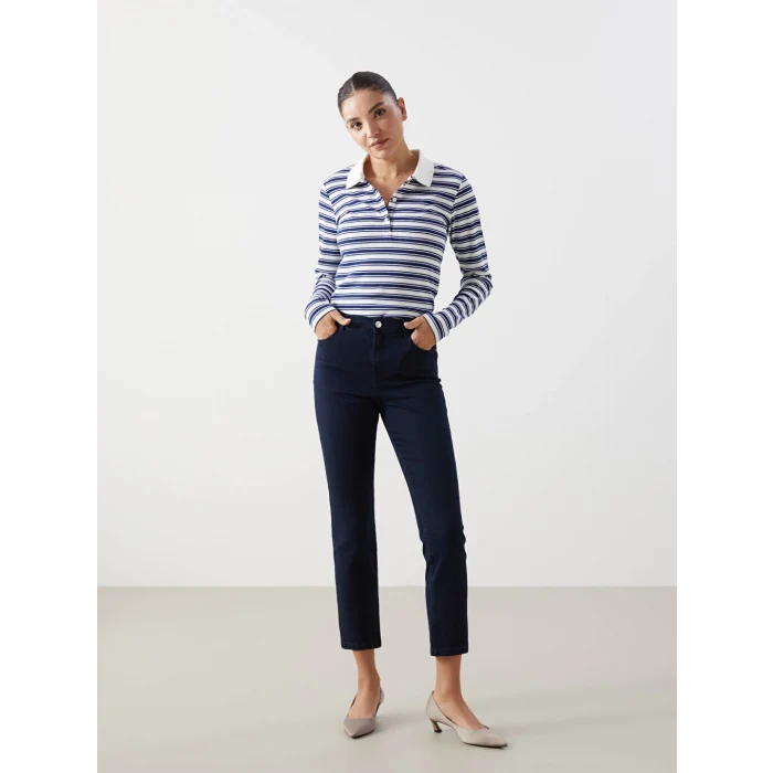 LCWAIKIKI Basic Lacivert Polo Yaka Çizgili Kadın Tişört