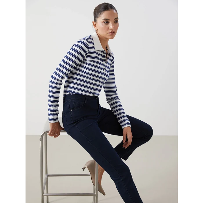 LCWAIKIKI Basic Lacivert Polo Yaka Çizgili Kadın Tişört