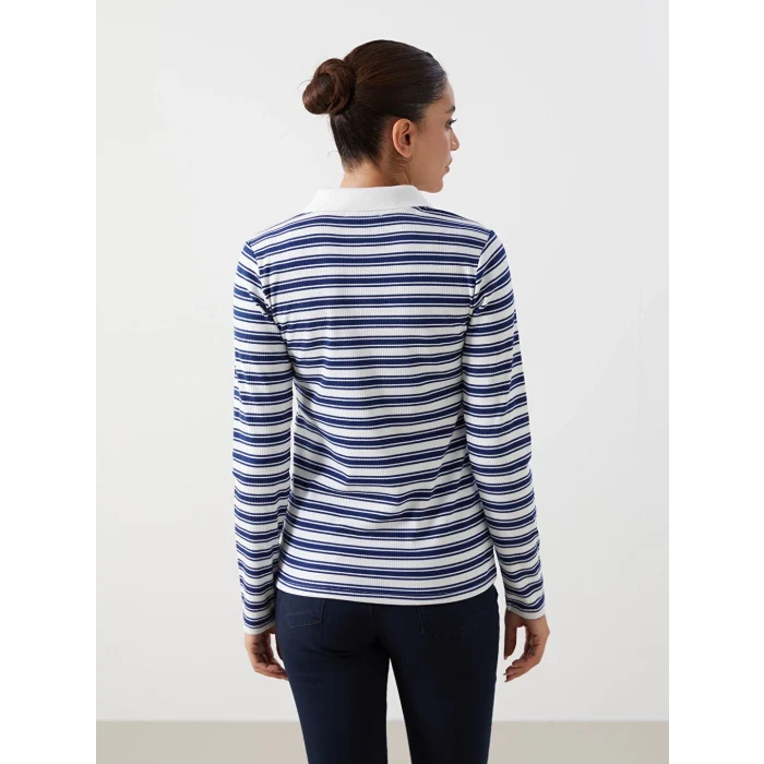 LCWAIKIKI Basic Lacivert Polo Yaka Çizgili Kadın Tişört