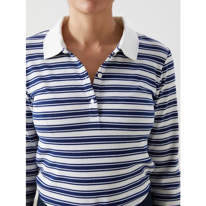 LCWAIKIKI Basic Lacivert Polo Yaka Çizgili Kadın Tişört