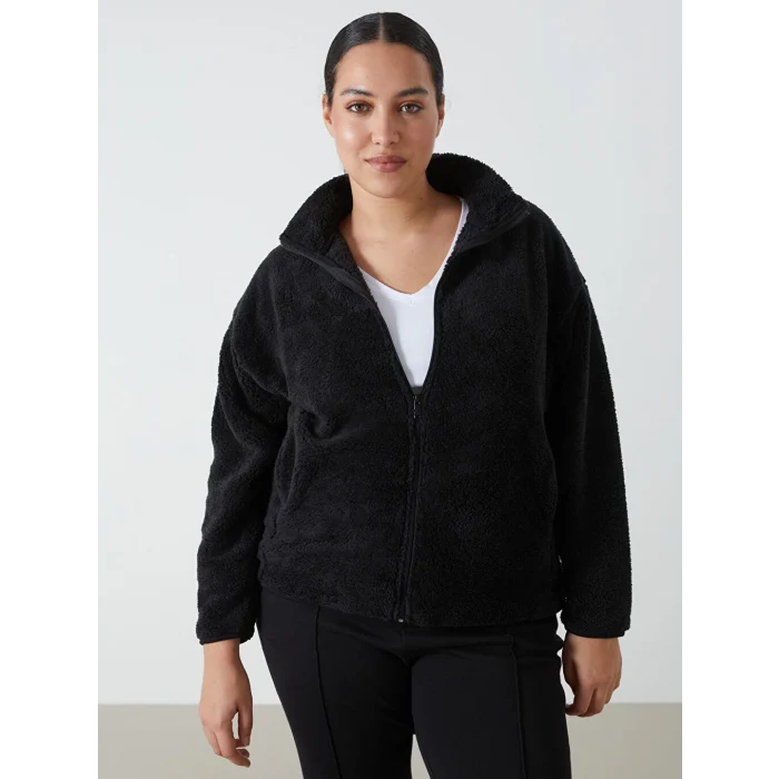 LCWAIKIKI Basic Siyah Dik Yaka Pelüş Kadın Fermuarlı Sweatshirt
