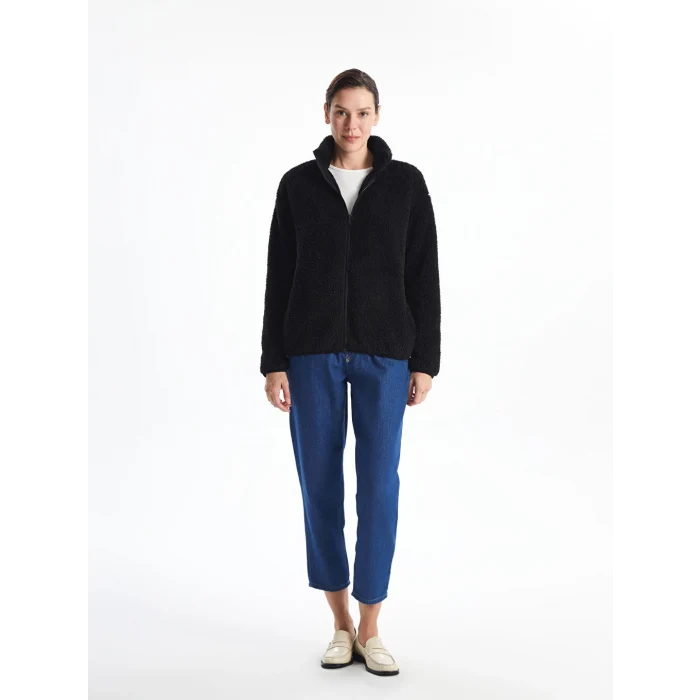 LCWAIKIKI Basic Siyah Dik Yaka Pelüş Kadın Fermuarlı Sweatshirt