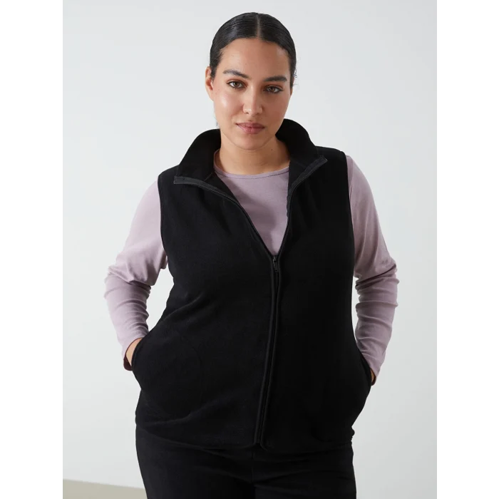 LCWAIKIKI Basic Siyah Kadın Dik Yaka Düz Polar Yelek