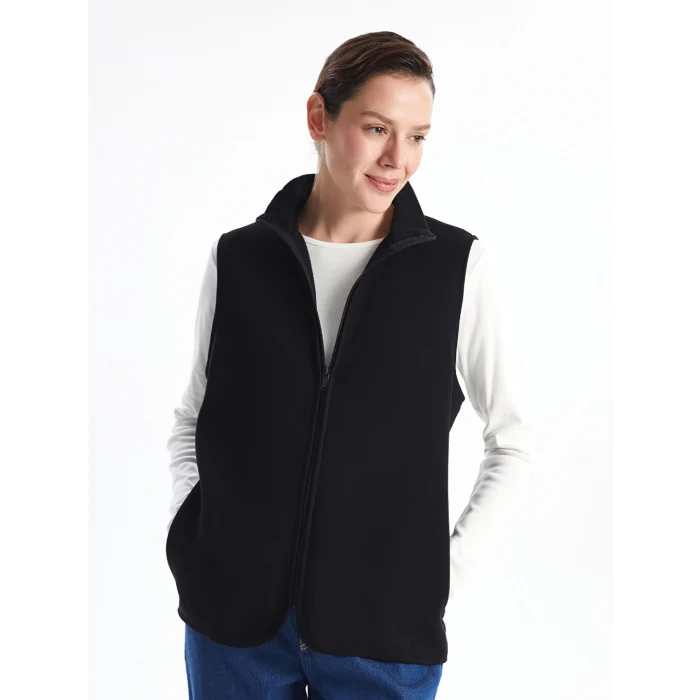 LCWAIKIKI Basic Siyah Kadın Dik Yaka Düz Polar Yelek