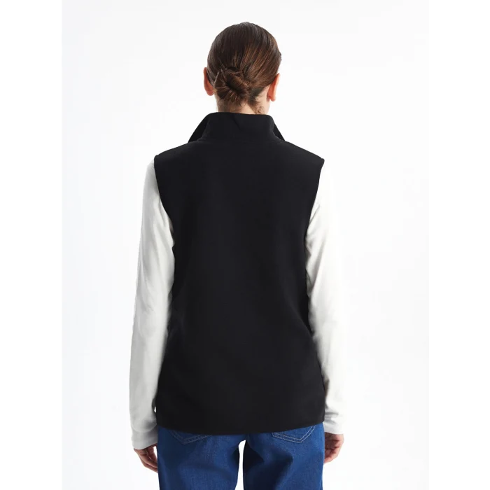 LCWAIKIKI Basic Siyah Kadın Dik Yaka Düz Polar Yelek