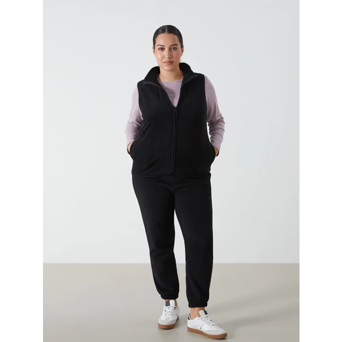 LCWAIKIKI Basic Siyah Kadın Dik Yaka Düz Polar Yelek