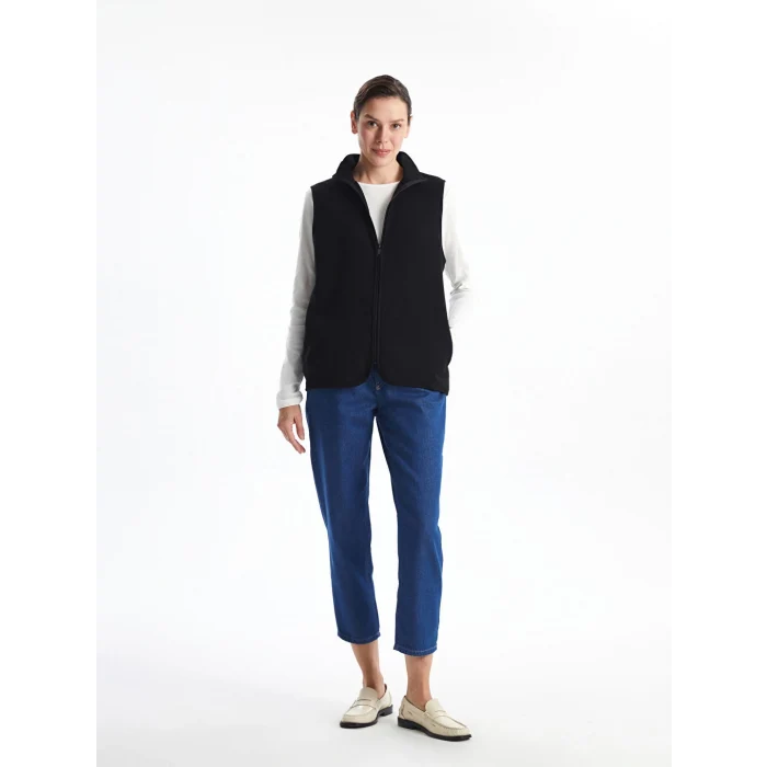 LCWAIKIKI Basic Siyah Kadın Dik Yaka Düz Polar Yelek