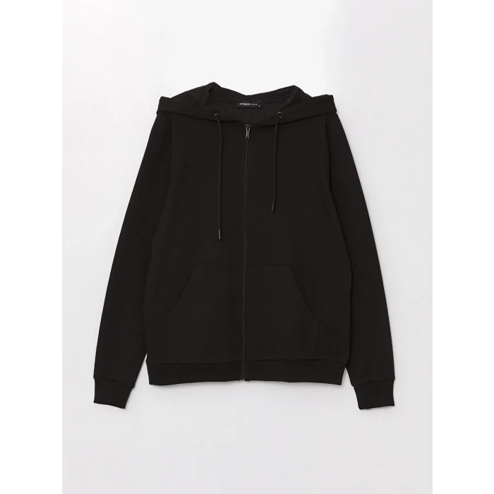 LCWAIKIKI Basic Siyah Kapüşonlu Düz Uzun Kollu Kadın Fermuarlı Sweatshirt