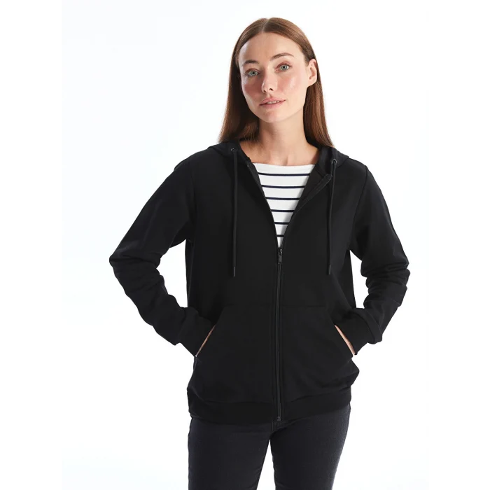 LCWAIKIKI Basic Siyah Kapüşonlu Düz Uzun Kollu Kadın Fermuarlı Sweatshirt