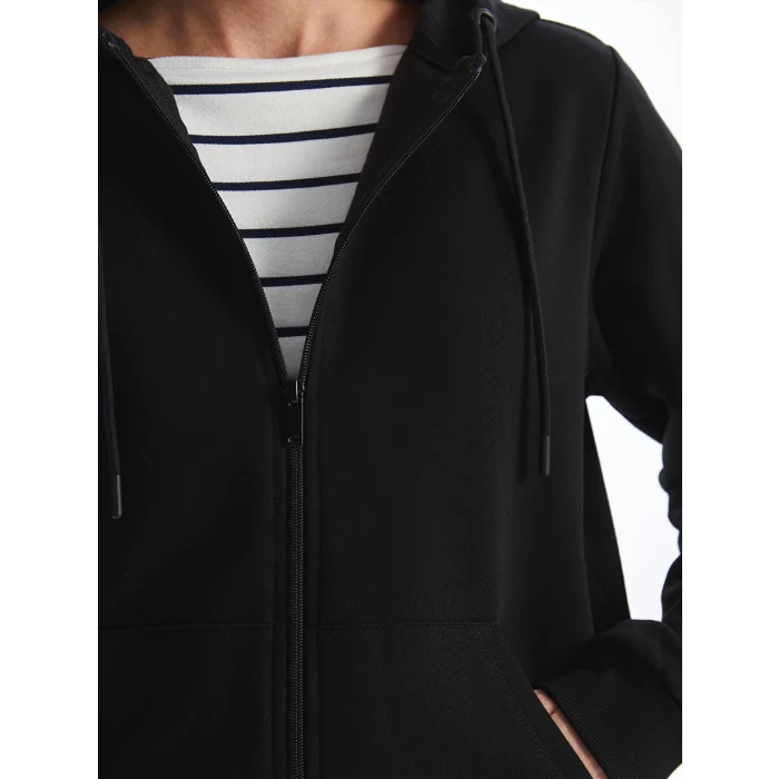 LCWAIKIKI Basic Siyah Kapüşonlu Düz Uzun Kollu Kadın Fermuarlı Sweatshirt