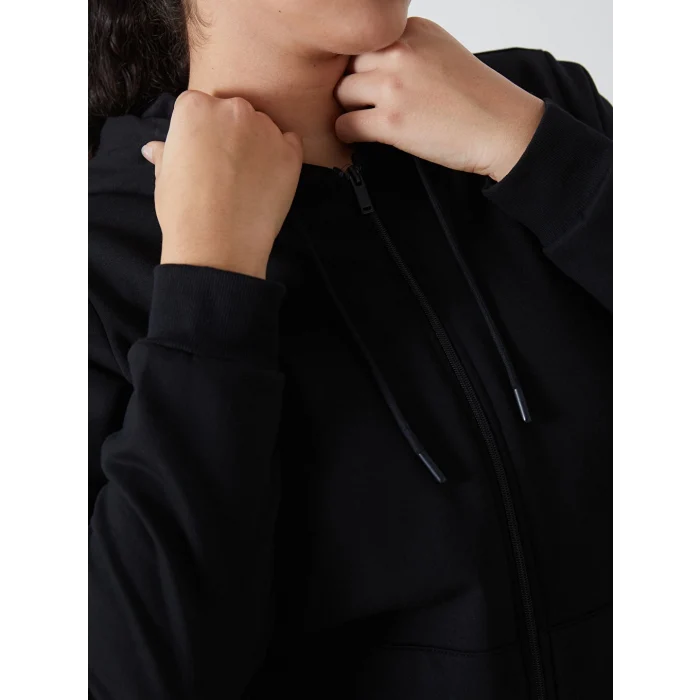 LCWAIKIKI Basic Siyah Kapüşonlu Düz Uzun Kollu Kadın Fermuarlı Sweatshirt