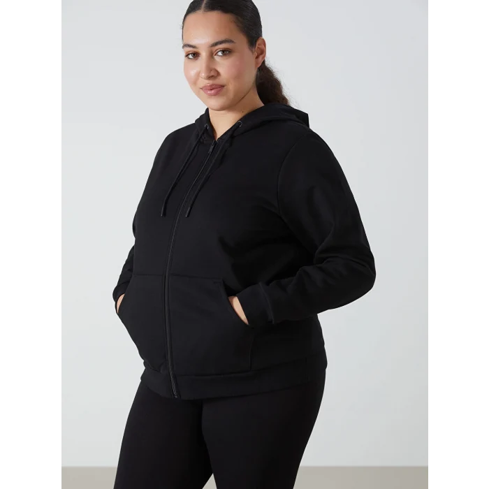 LCWAIKIKI Basic Siyah Kapüşonlu Düz Uzun Kollu Kadın Fermuarlı Sweatshirt