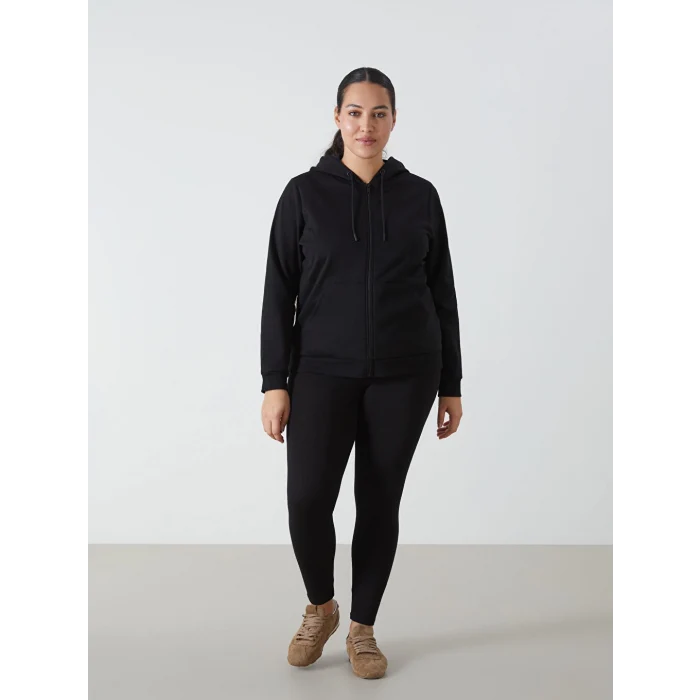 LCWAIKIKI Basic Siyah Kapüşonlu Düz Uzun Kollu Kadın Fermuarlı Sweatshirt