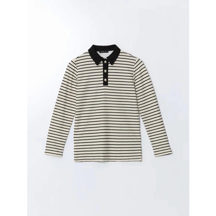 LCWAIKIKI Basic Siyah Polo Yaka Çizgili Kadın Tişört