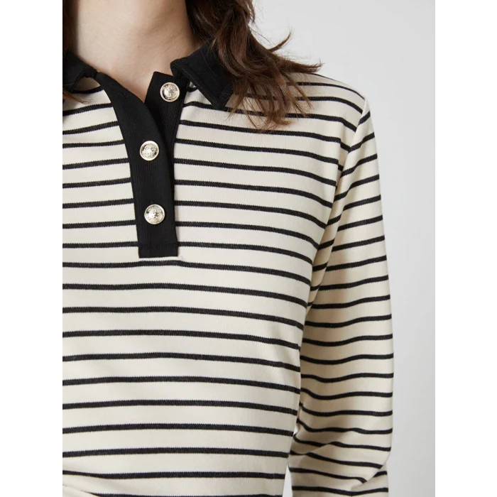 LCWAIKIKI Basic Siyah Polo Yaka Çizgili Kadın Tişört