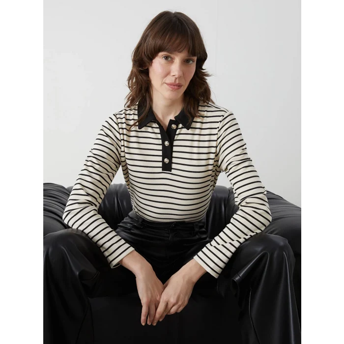 LCWAIKIKI Basic Siyah Polo Yaka Çizgili Kadın Tişört