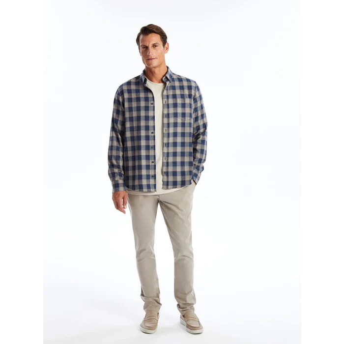 LCWAIKIKI Classic Bej Regular Fit Uzun Kollu Ekose Gabardin Erkek Gömlek