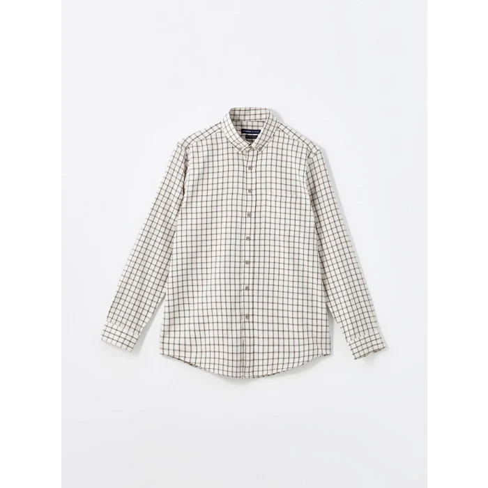 LCWAIKIKI Classic Ekru Düğmeli Yaka Ekose Regular Fit Erkek Gömlek