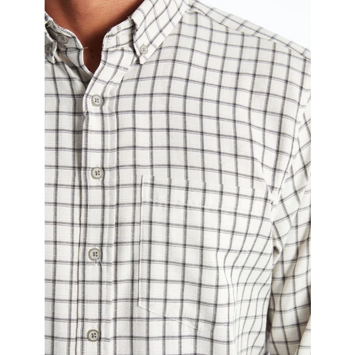LCWAIKIKI Classic Ekru Düğmeli Yaka Ekose Regular Fit Erkek Gömlek